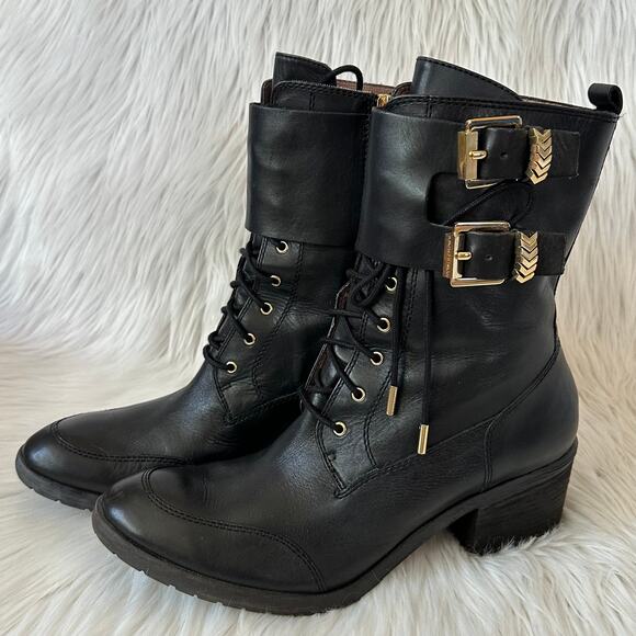 Donald Pliner Danti Combat Boots Leather Lace Up Buckle Zip Block Heeled, Black - Picture 5 of 11